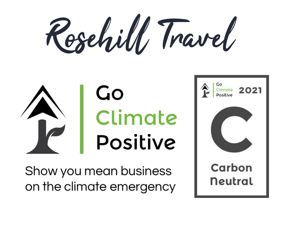The Go Climate and Rosehill Travel logos with the Carbon Neutral badge