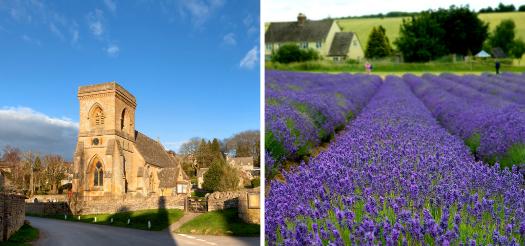 Snowhill village church, and the rows of lavender in the fields at Cotswold Lavender