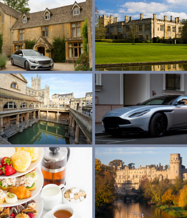 A collage of images including luxury hotels, cars and afternoon teas in the Cotswolds