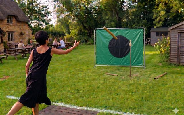 A woman throwing a wooden baton at an Aunt Sally dolly in a pub garden
